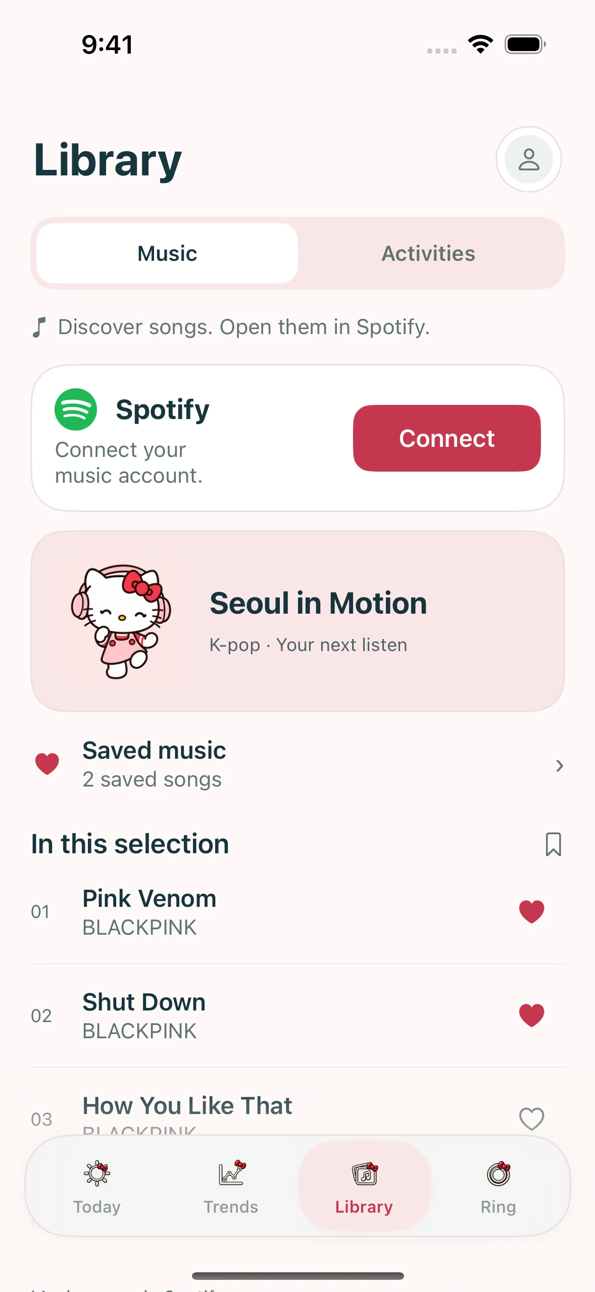 Orivo Spotify, Hello Kitty theme, example data
